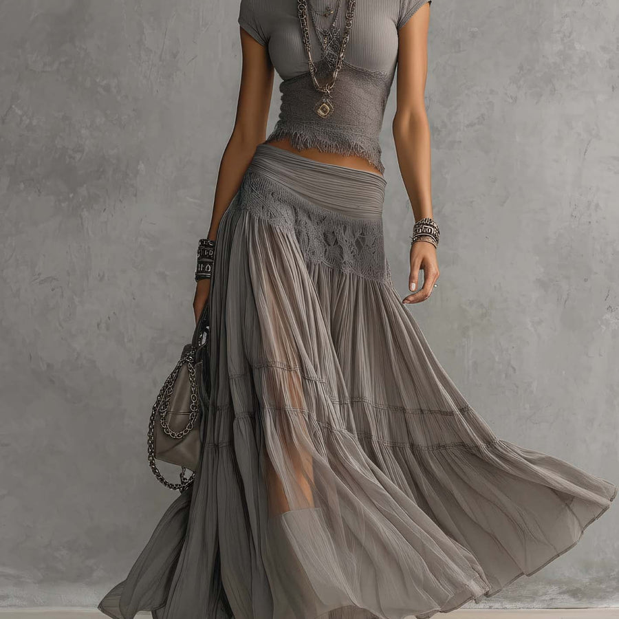 Patricia | Lace-Panelled Pleated Maxi Skirt Set