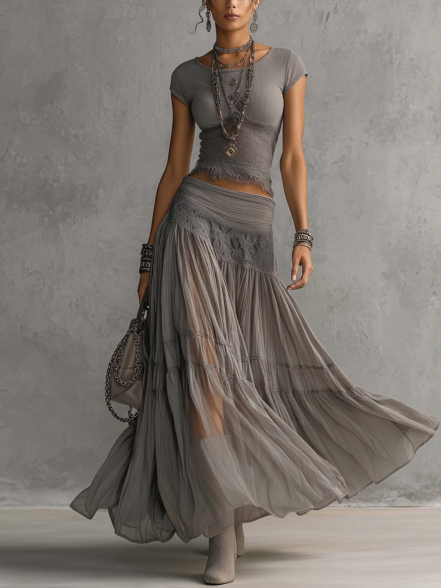 Patricia | Lace-Panelled Pleated Maxi Skirt Set