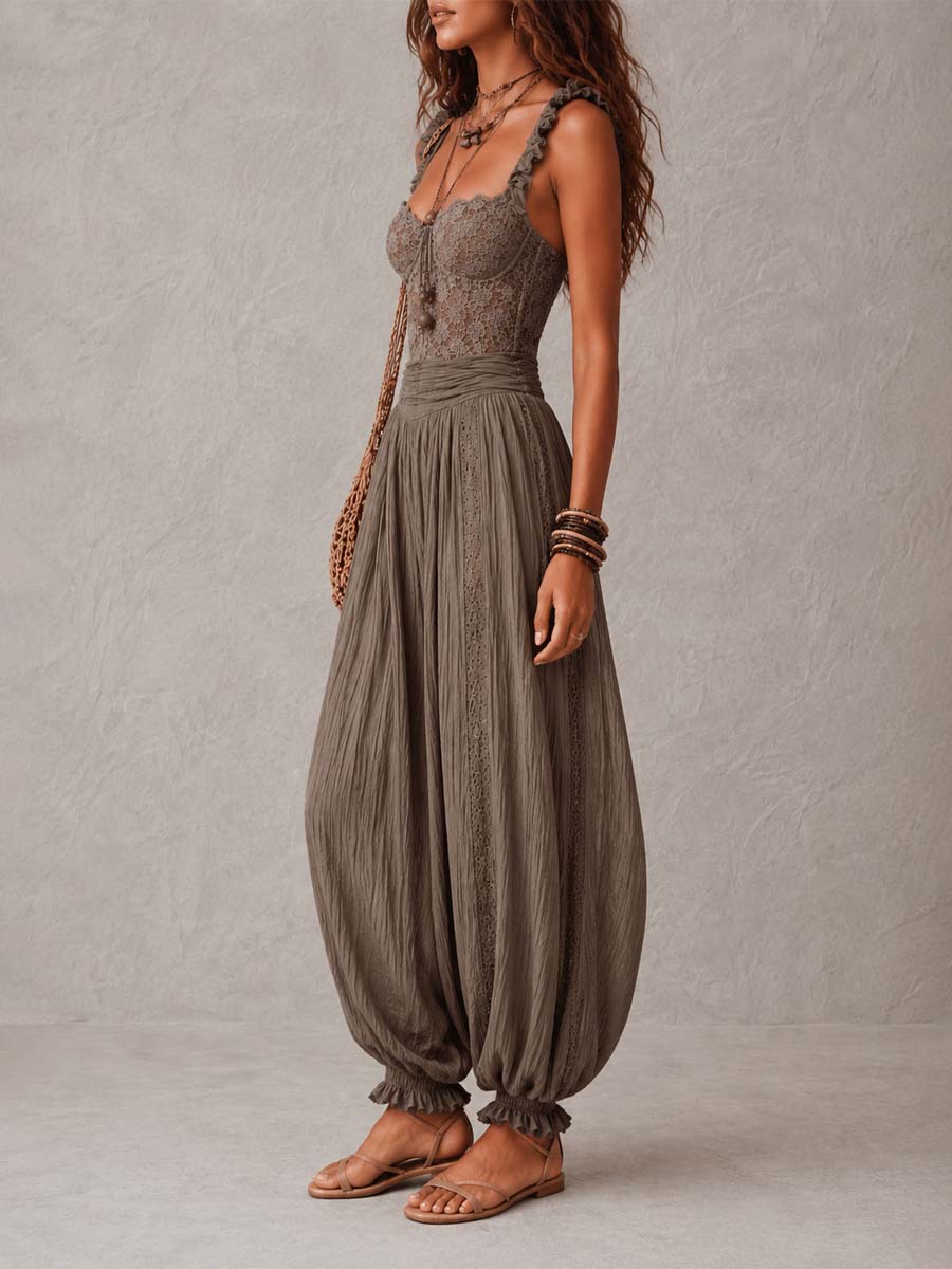 Nieves | Gray lace bandeau set and pleated cotton harem pants