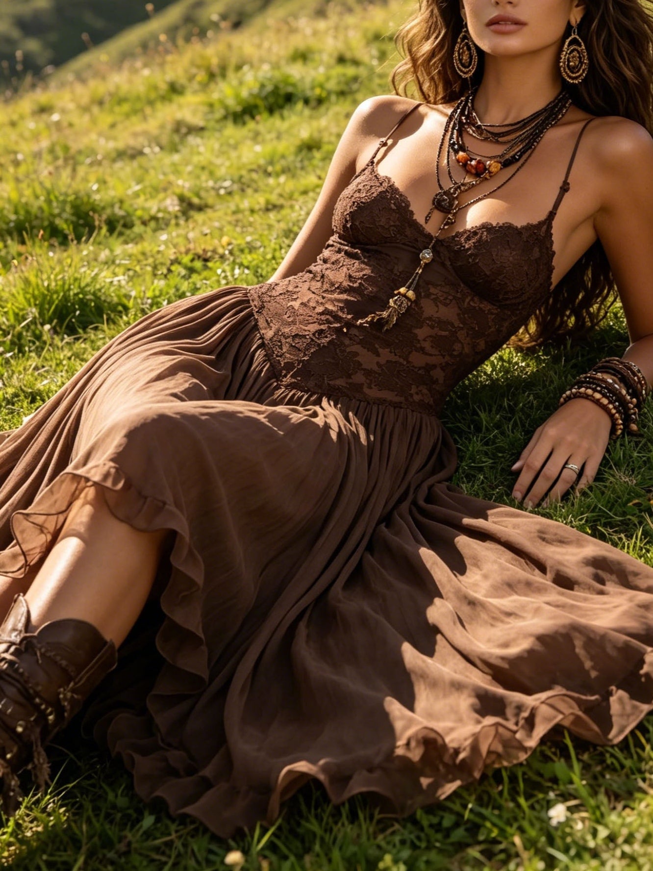 Maren | Chocolate Lace-Panelled Maxi Dress