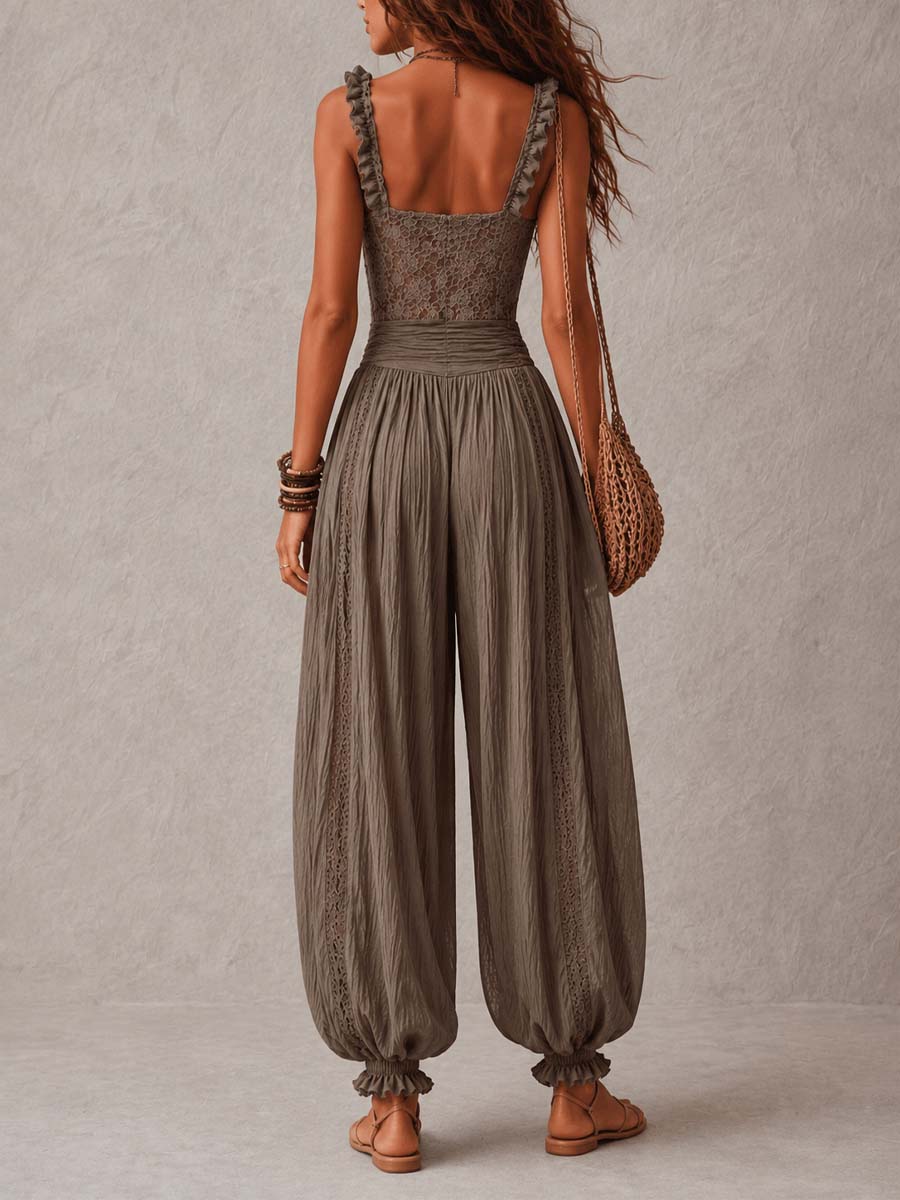 Nieves | Gray lace bandeau set and pleated cotton harem pants