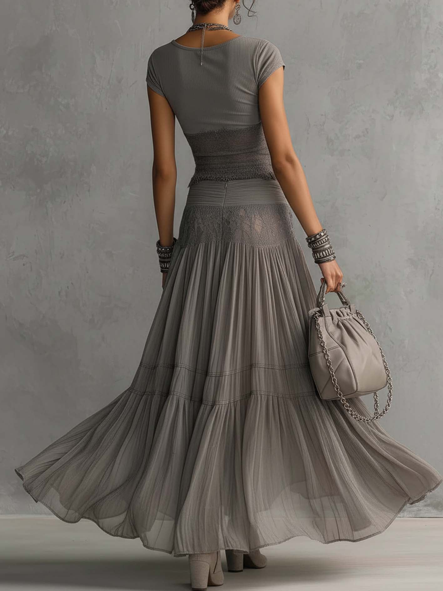 Patricia | Lace-Panelled Pleated Maxi Skirt Set