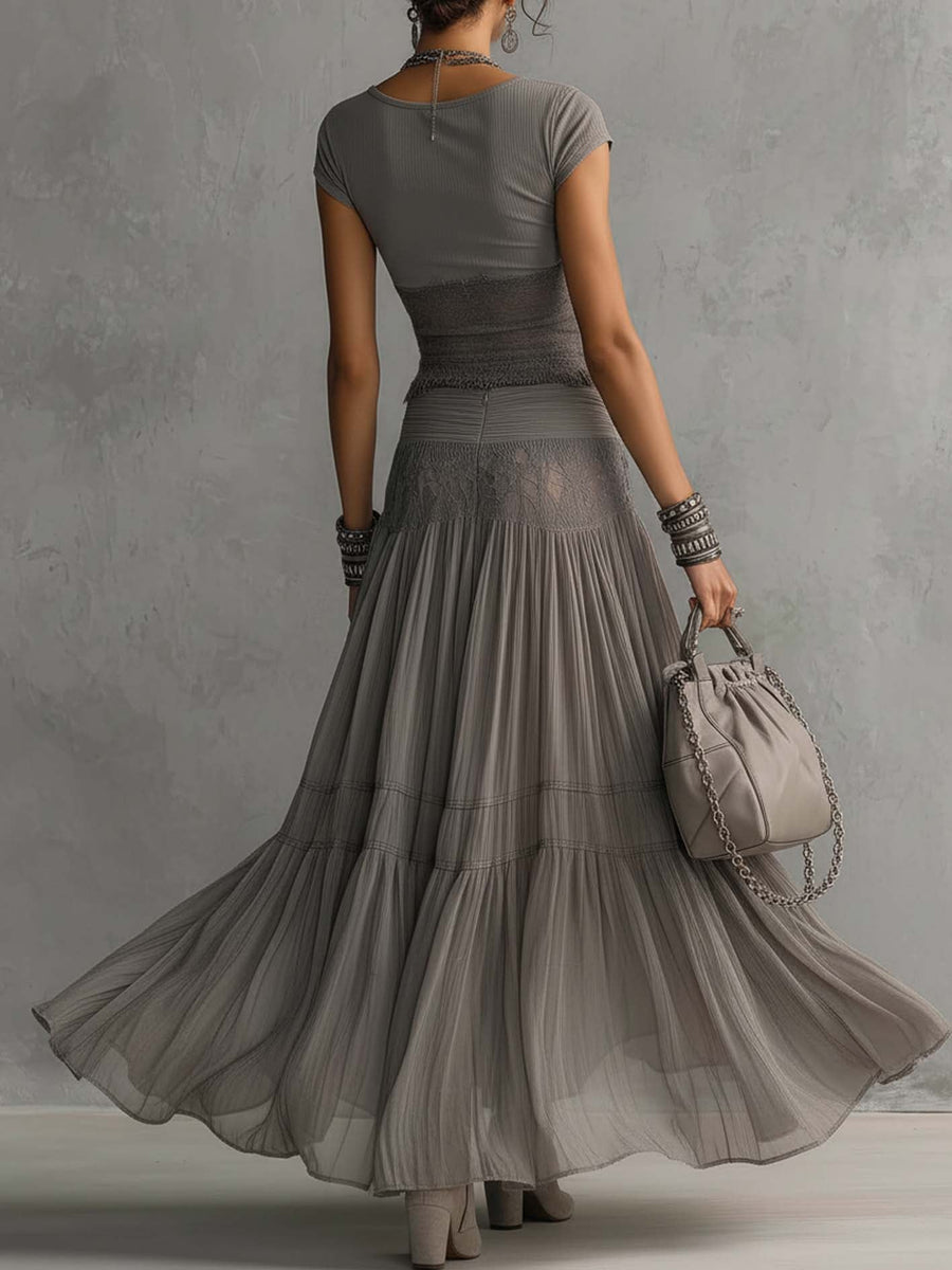 Patricia | Lace-Panelled Pleated Maxi Skirt Set