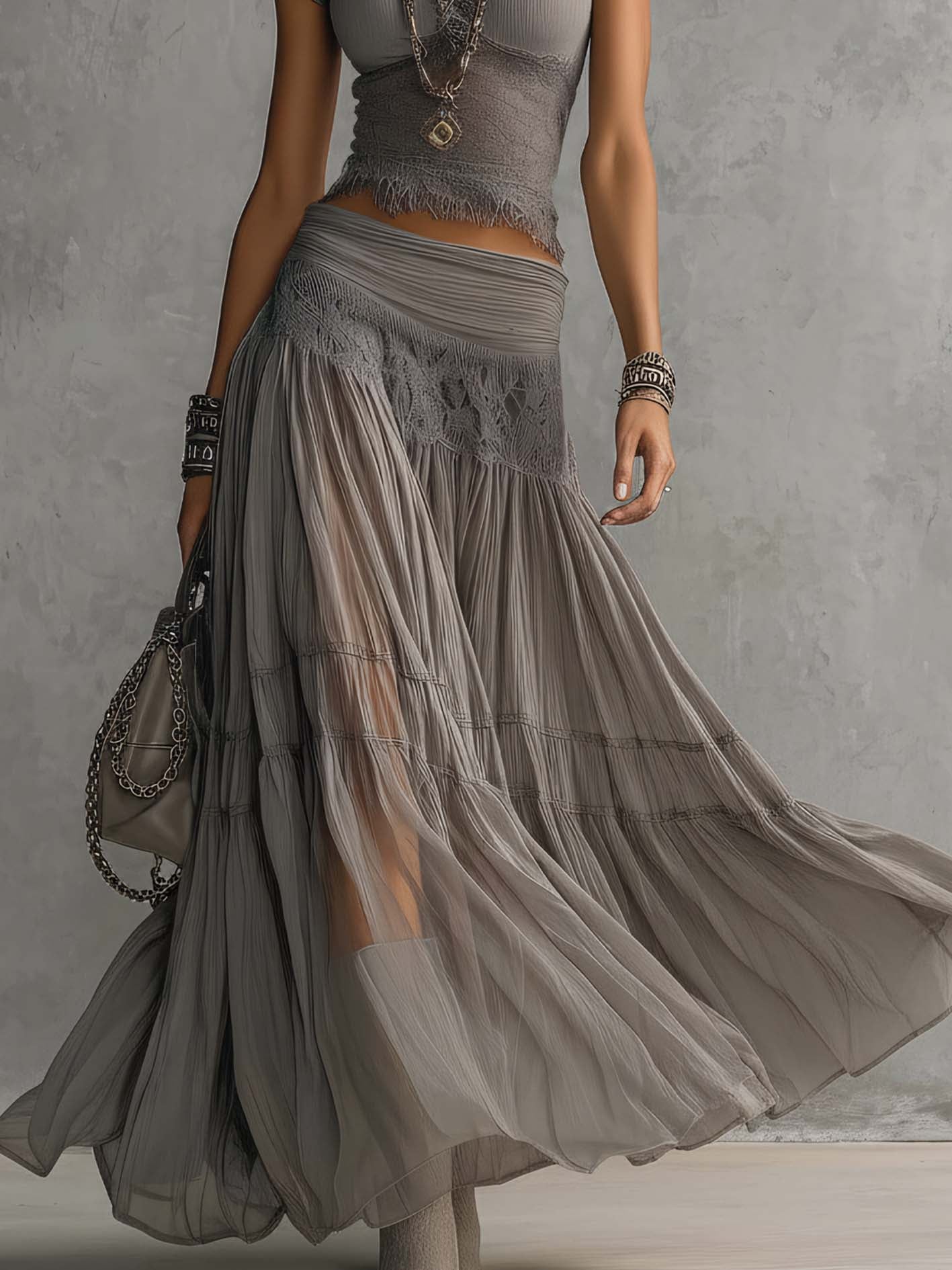 Patricia | Lace-Panelled Pleated Maxi Skirt Set