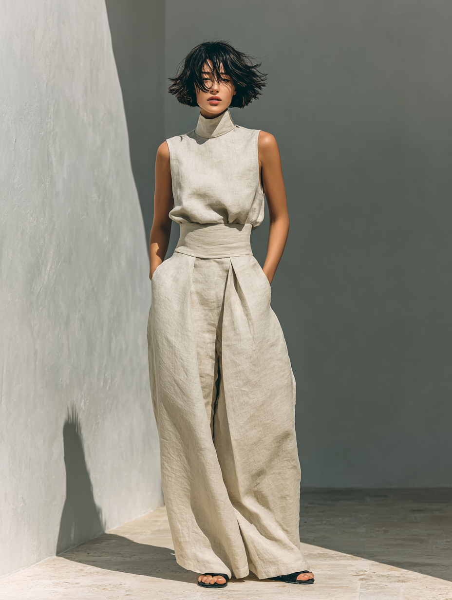 Maria | Linen Set with High-Neck Top and Wide-Leg Trousers