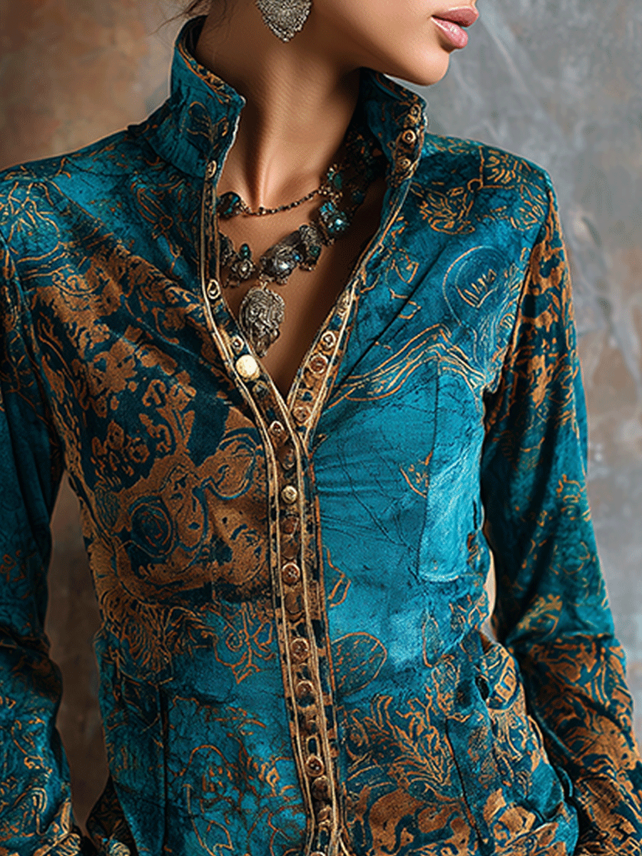 Boho-Chic Vintage Peacock Blue Velvet Golden Print Fitted Blouse