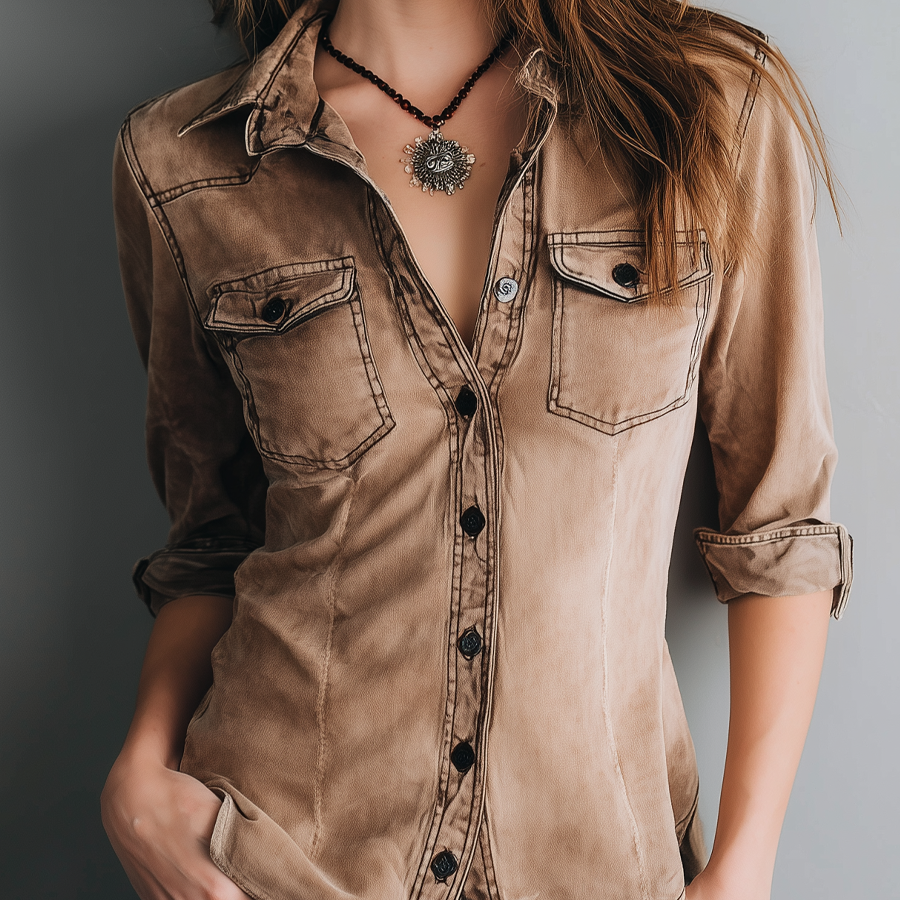 Retro Washed Contrast Stitching Blouse