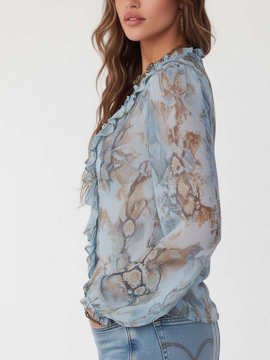 Ruffled Zip-Front Chiffon Blouse in Serene Blue Print