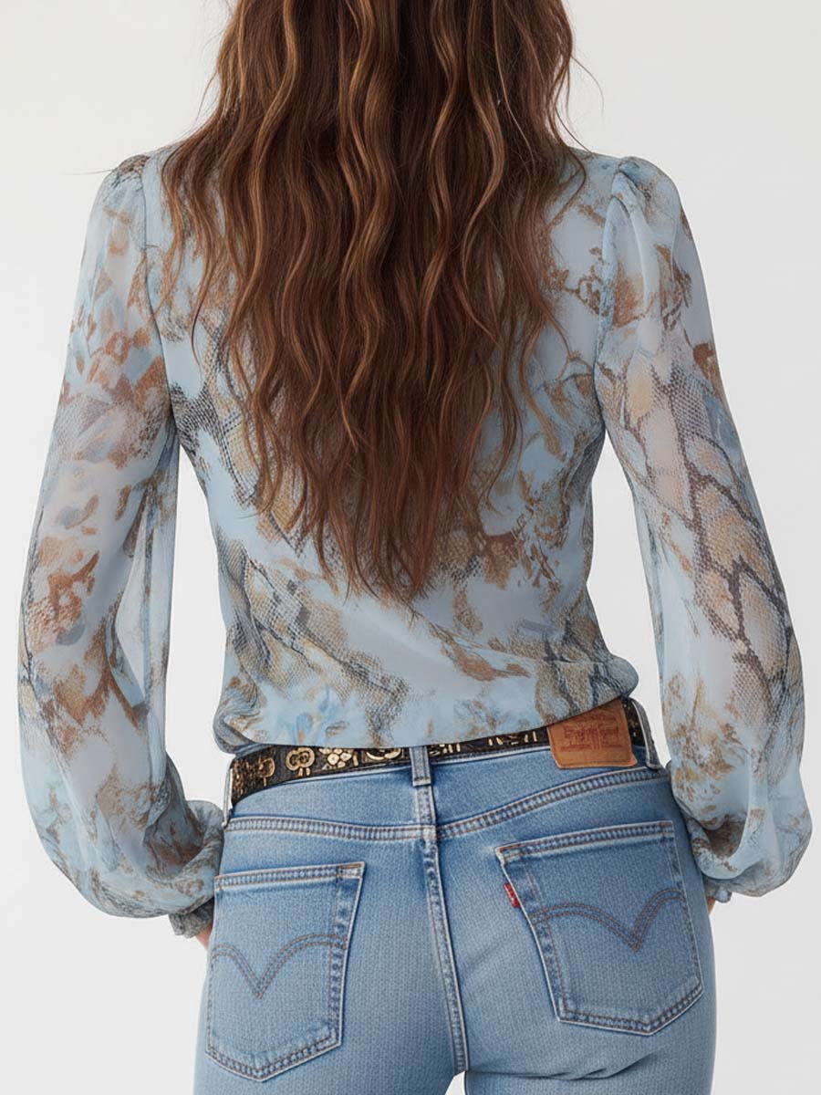 Ruffled Zip-Front Chiffon Blouse in Serene Blue Print