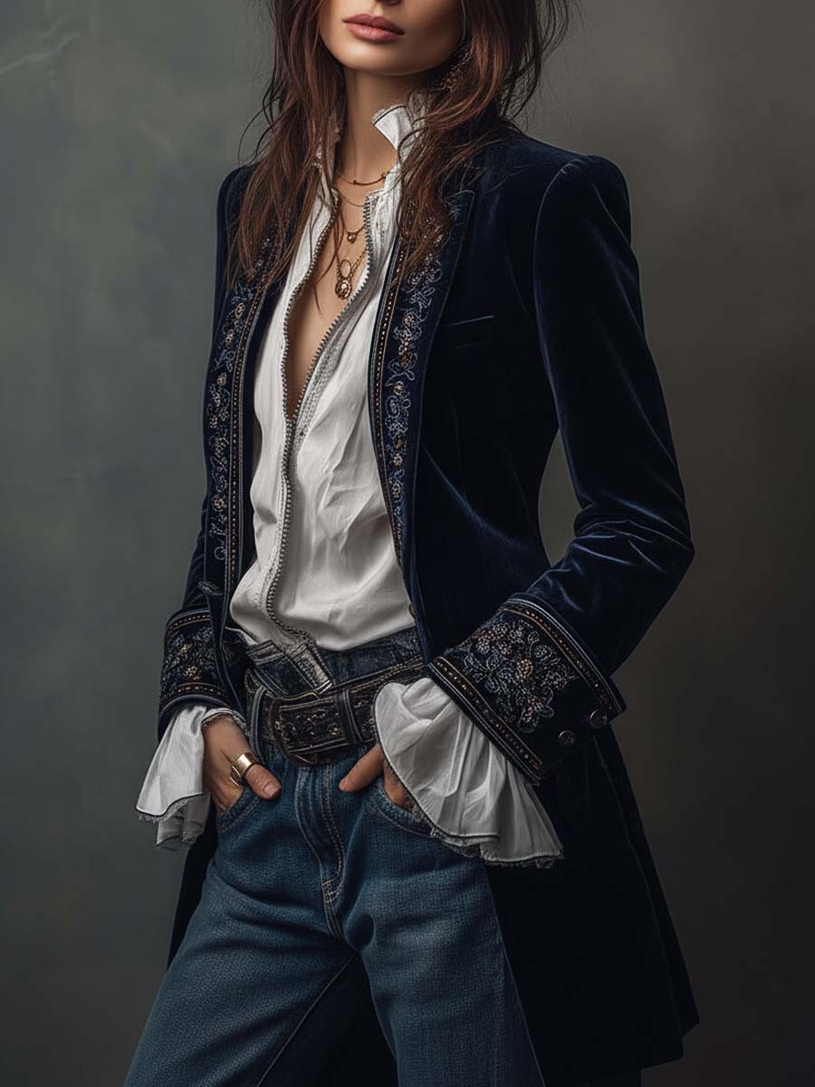 Marguerite | Navy Embroidered Longline Jacket