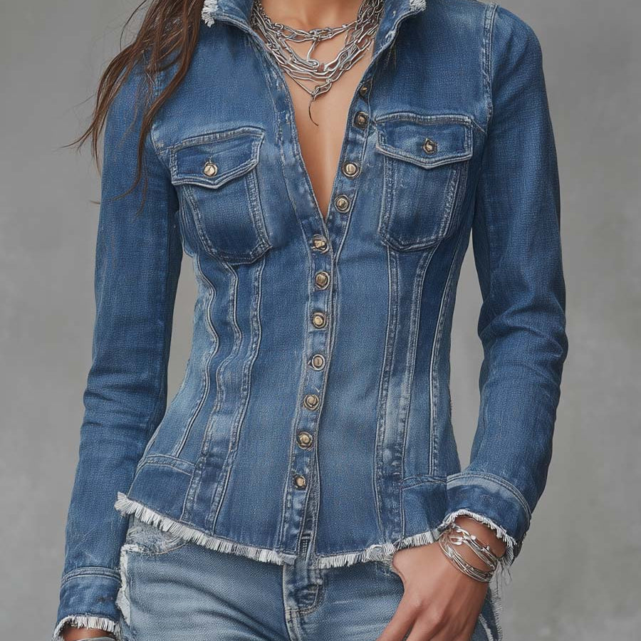 Classic Retro Fitted Frayed-Edge Denim Shirt Jacket with Button Front