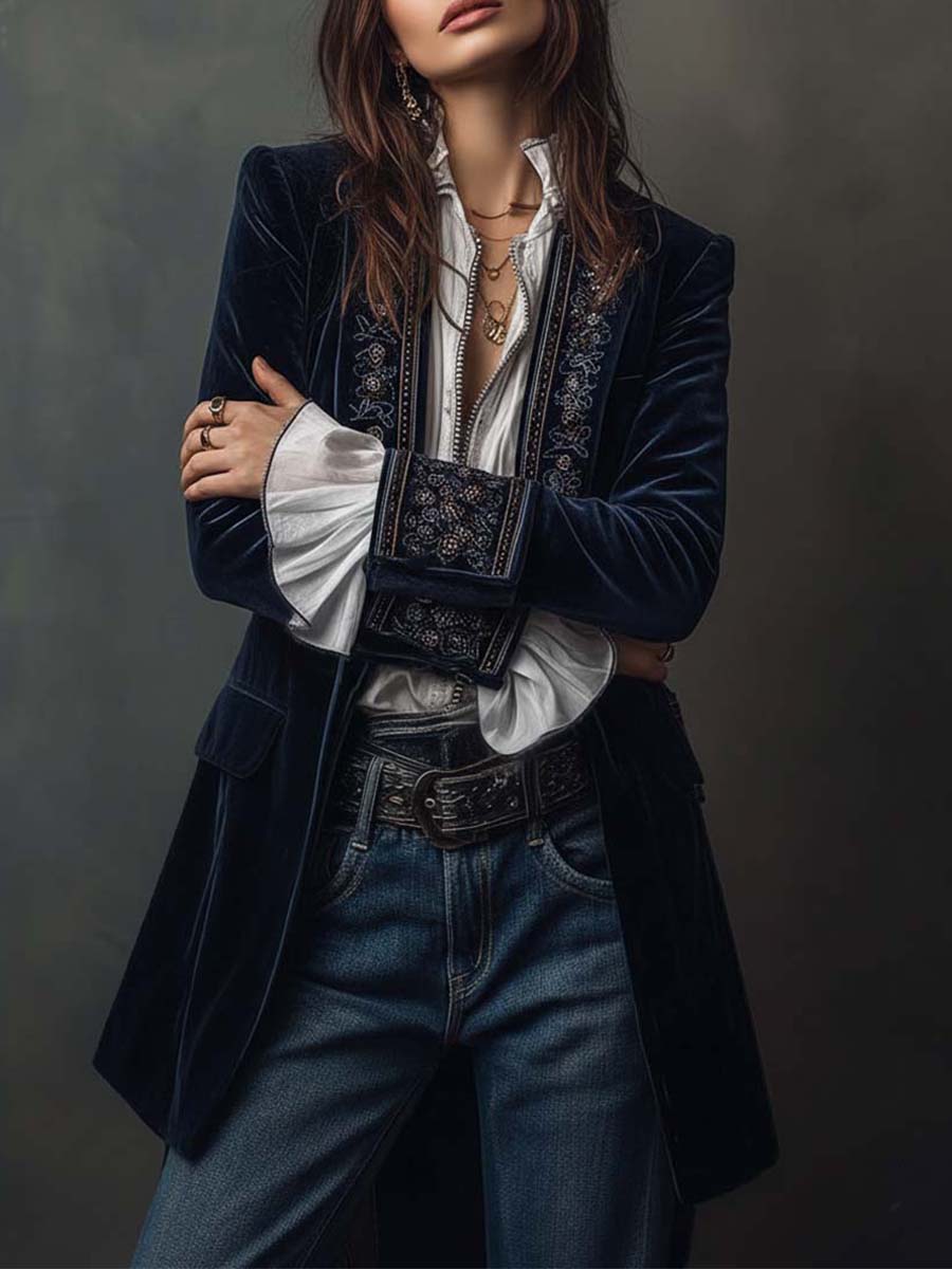Marguerite | Navy Embroidered Longline Jacket