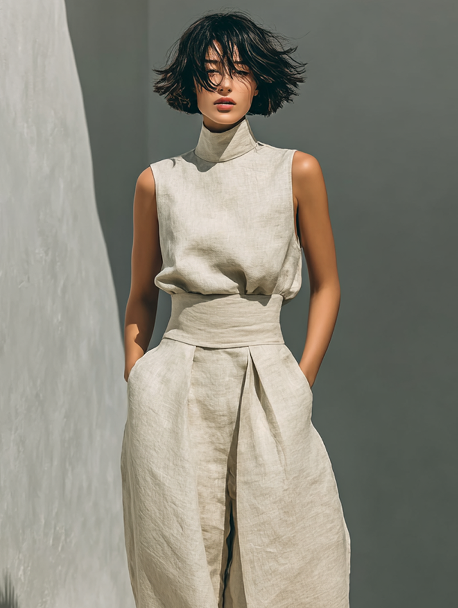 Maria | Linen Set with High-Neck Top and Wide-Leg Trousers