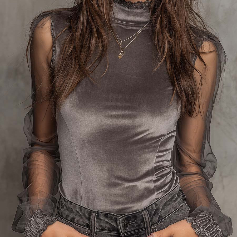Velvet Mesh Panel High-Neck Top – Graphite Grey