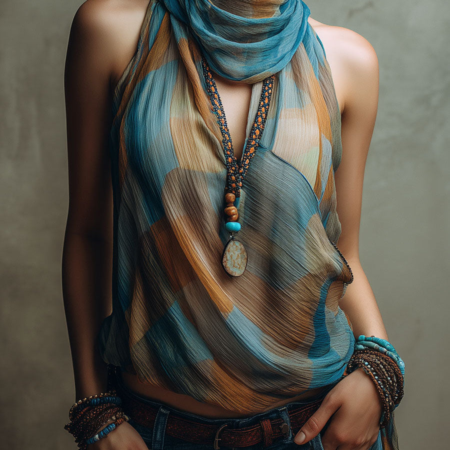 Boho Blue And Amber Chiffon Halter Blouse With Scarf Neck