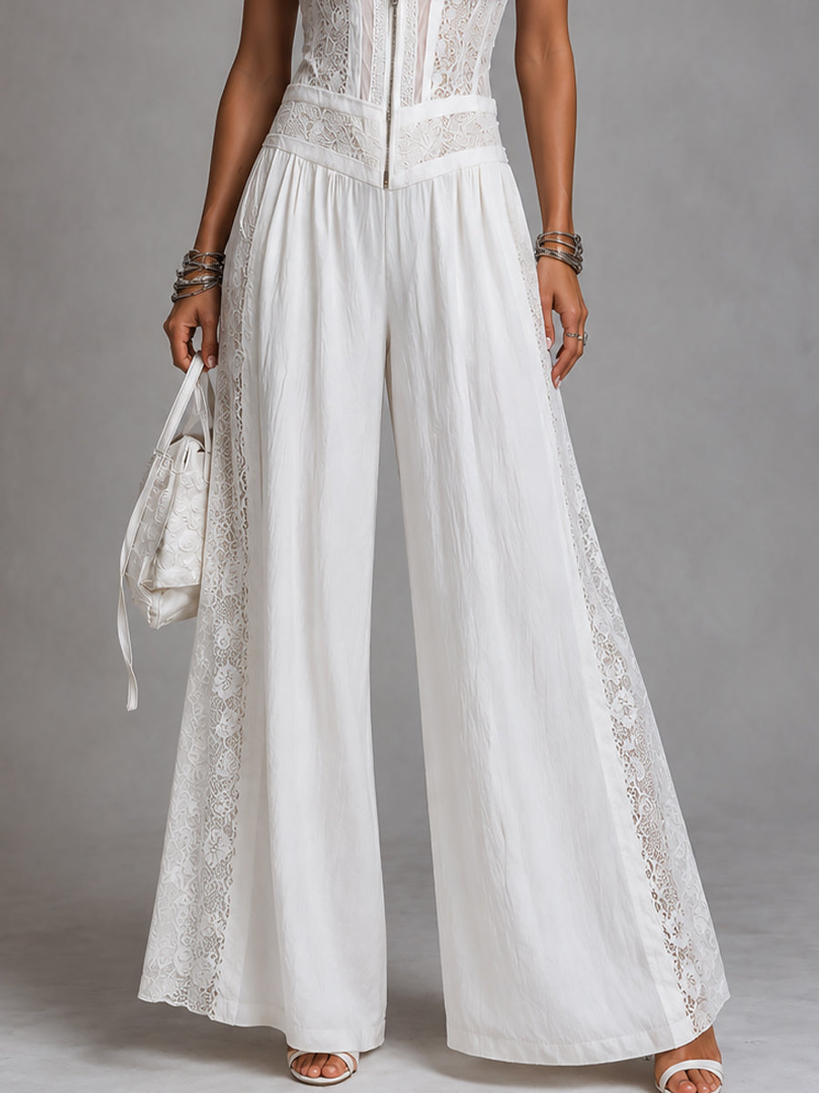 Wren | Ivory Lace-Trim Wide-Leg Jumpsuit