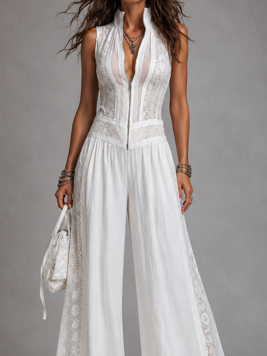 Wren | Ivory Lace-Trim Wide-Leg Jumpsuit