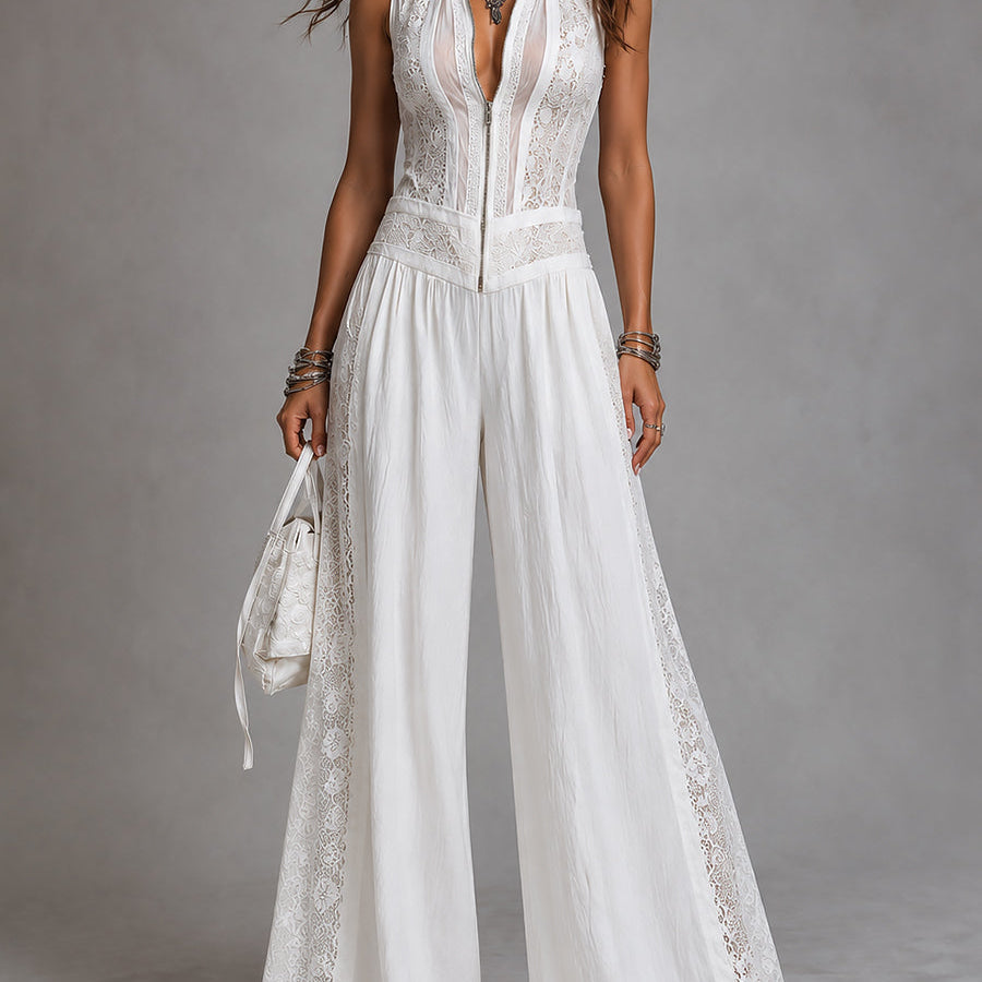 Wren | Ivory Lace-Trim Wide-Leg Jumpsuit