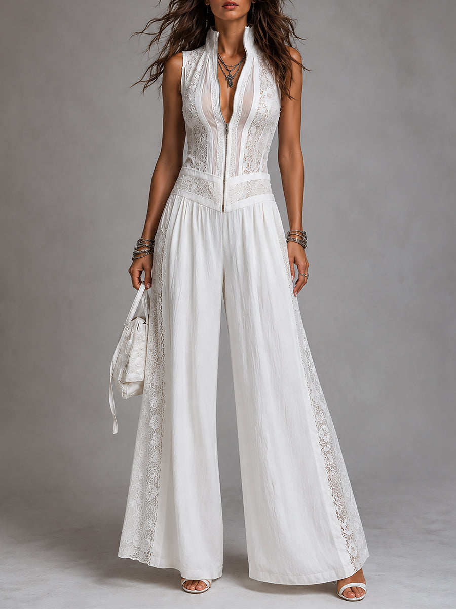 Wren | Ivory Lace-Trim Wide-Leg Jumpsuit