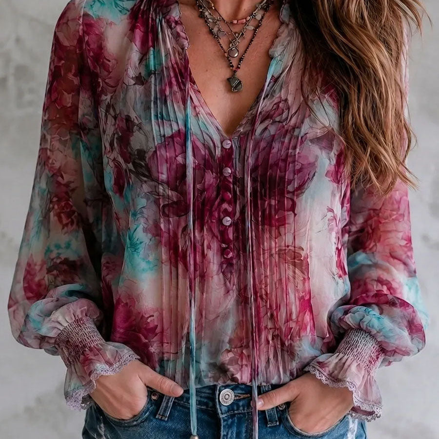 Boho Floral Print Tassel Tie Smocked Cuff Long Sleeve Blouse