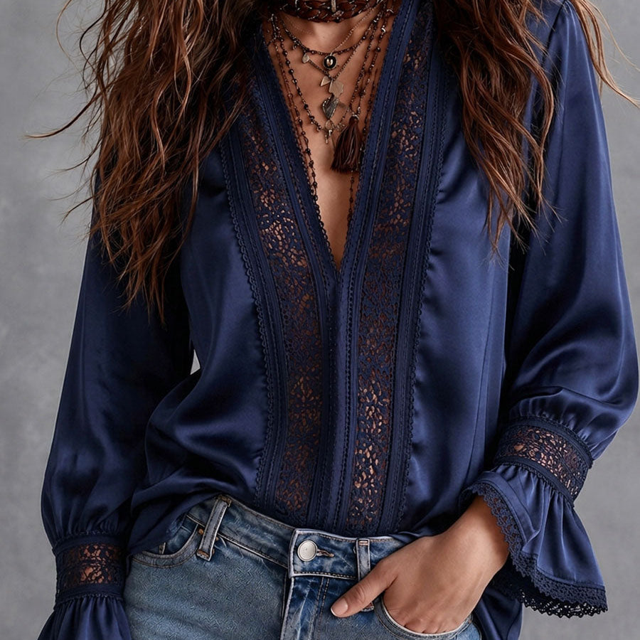 Boho Navy Satin Lace Trim Flare Long Sleeve Blouse