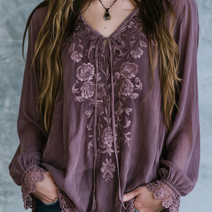 Boho Tie V Neck Dusty Mauve Floral Embroidered Blouse