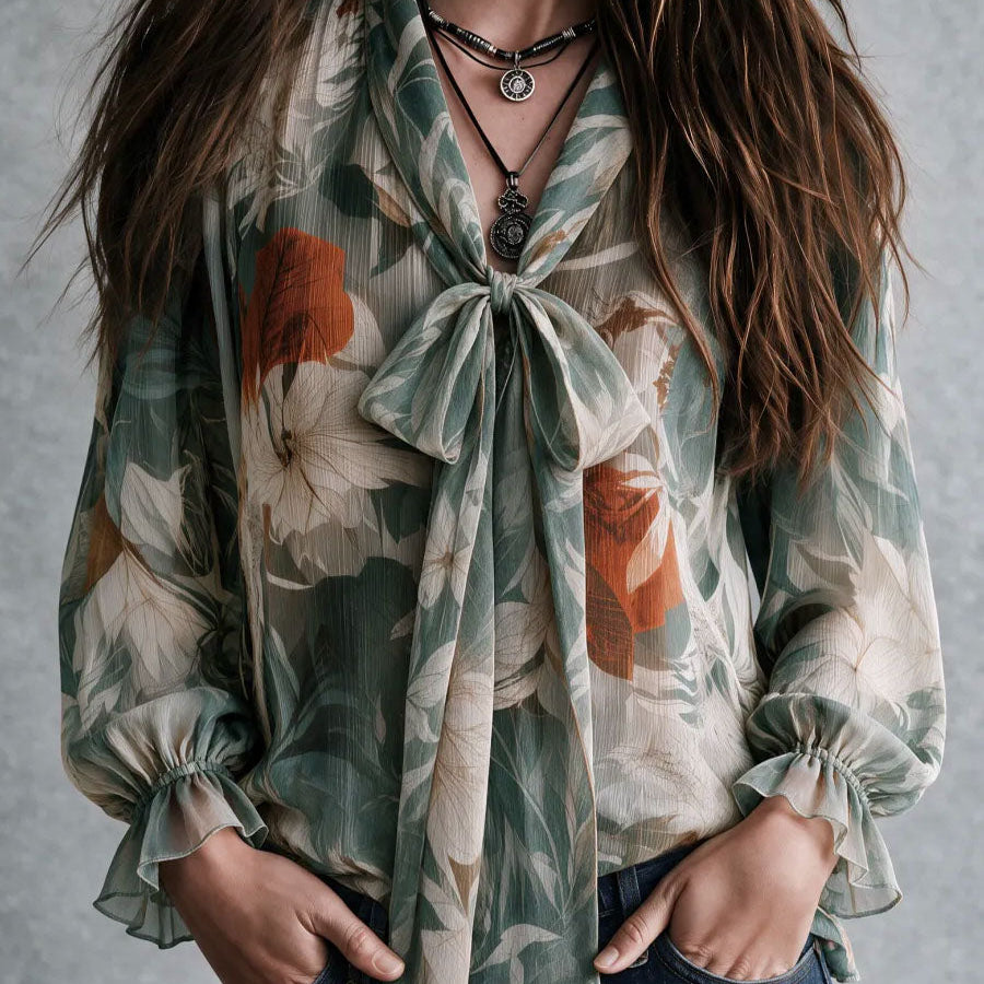 Boho Green Botanical Print V Neck Bow Tie Shirt Flared Cuff Loose Fit Chiffon Blouse