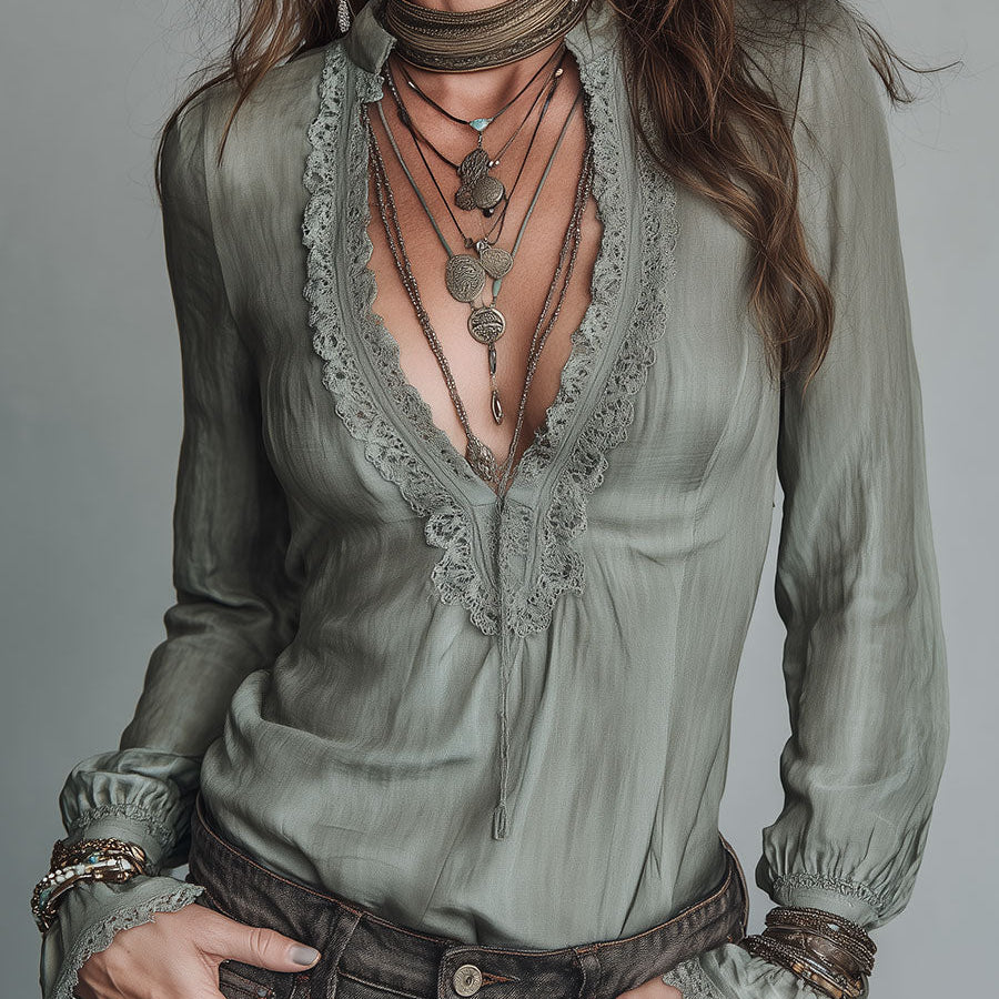Vintage-style Tencel Blouse With Lace-trimmed Tapered Cuffs