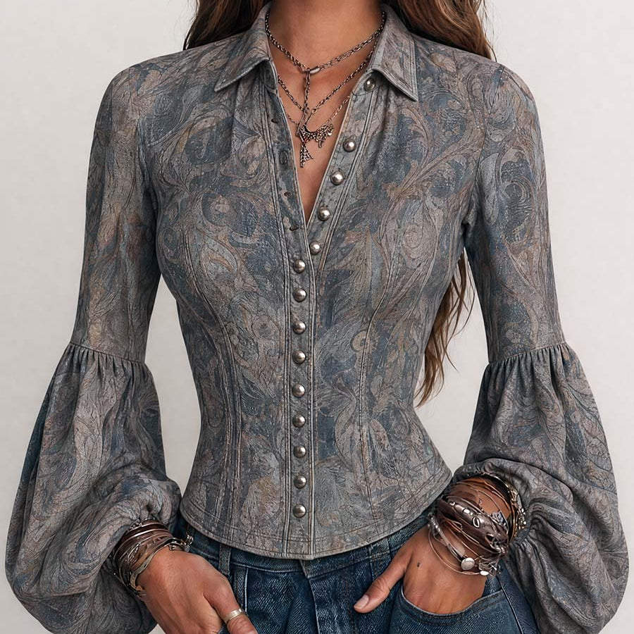 Vintage Paisley Button Front Balloon Sleeve Blouse