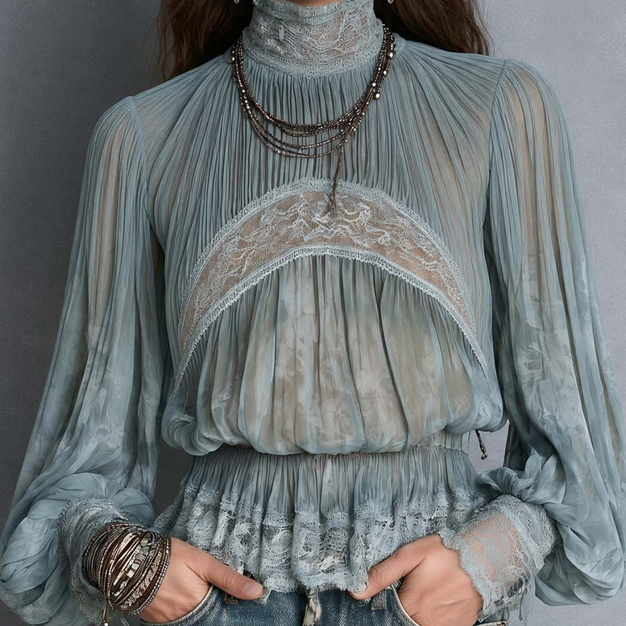 Bohemian Sheer Pleated Lace Trim High Neck Blouse With Balloon Sleeves