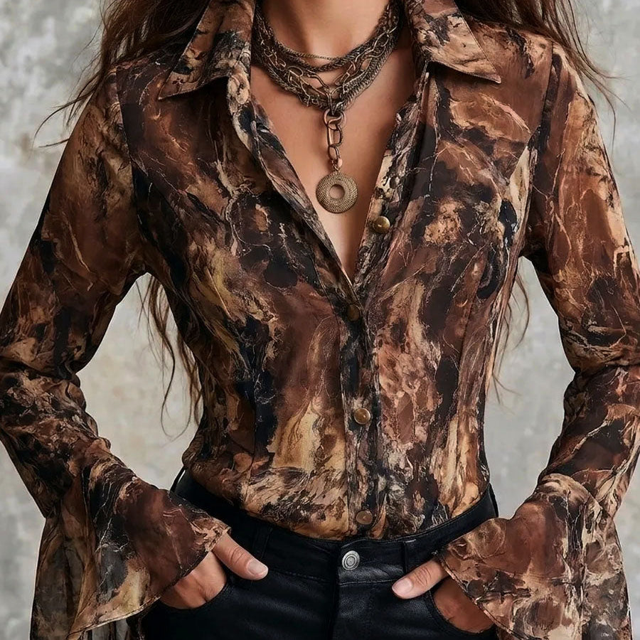 Boho Earth Tone Abstract Pattern Chiffon Blouse With Flared Sleeve