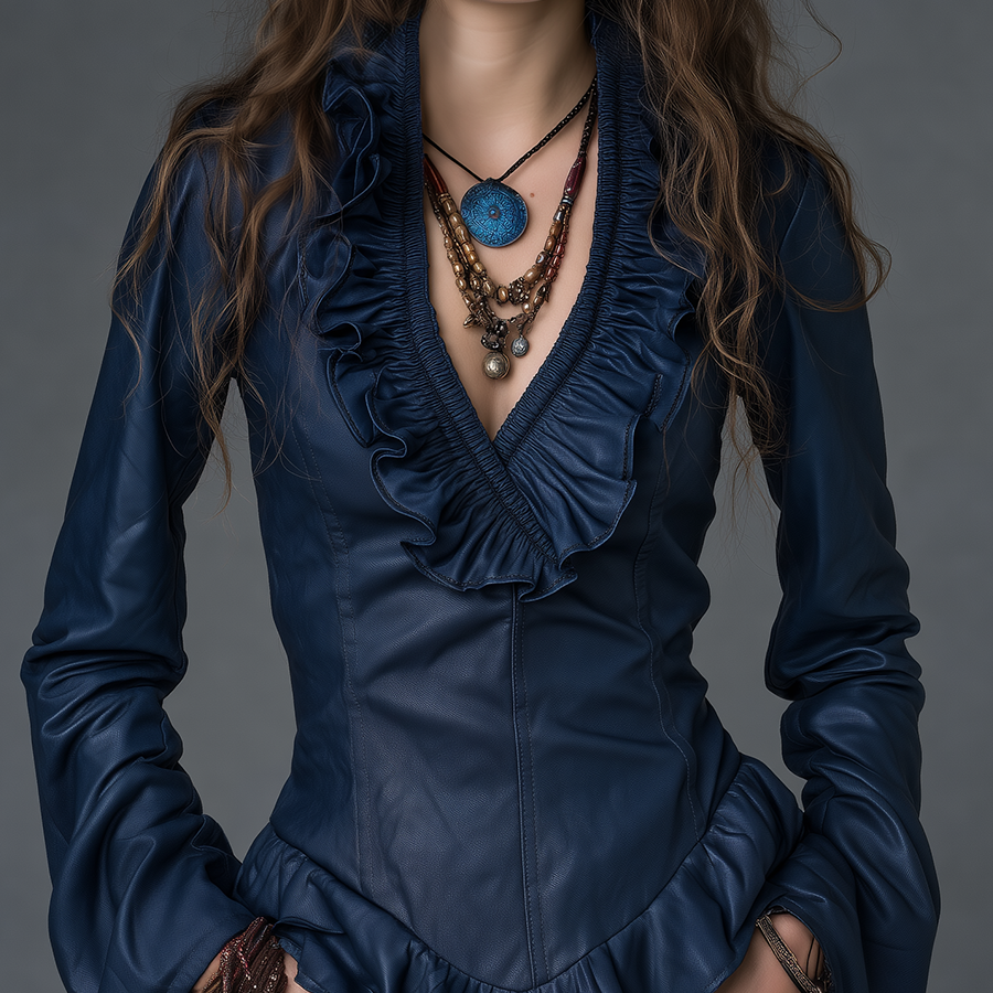Vintage Navy Ruffle Tie-Front Top