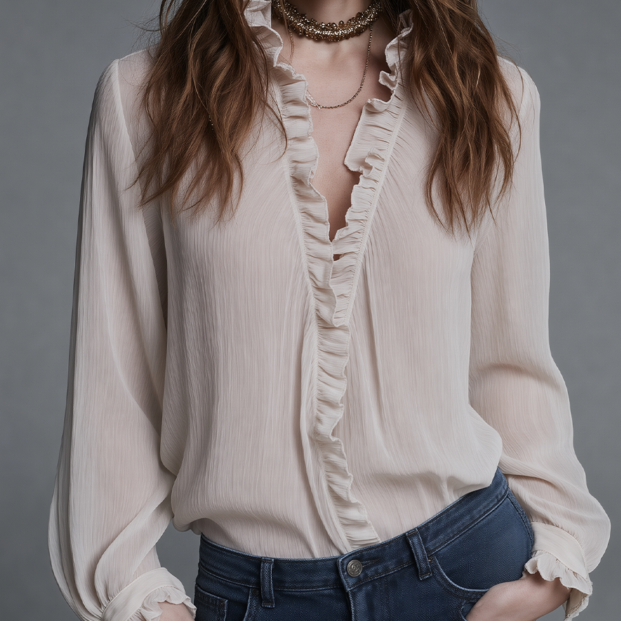 Feminine Ivory Ruffle Trim Blouse