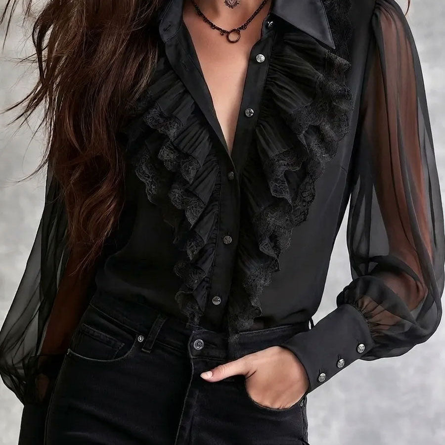 Gothic Boho Lace Ruffle Sheer Lantern Sleeve Button Top