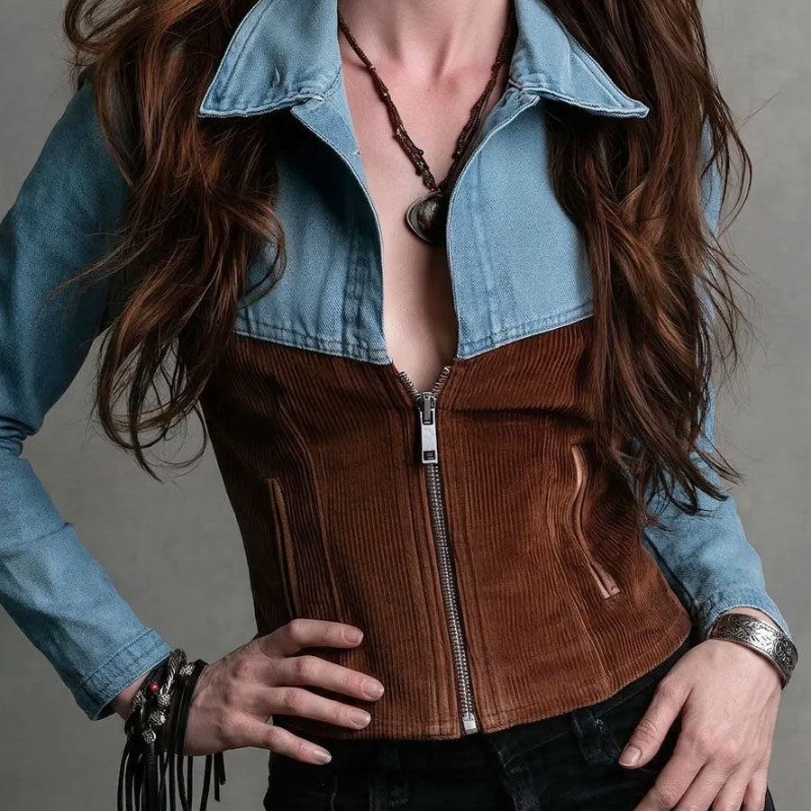 Boho Western Zip Up Denim Corduroy Spliced Crop Jacket
