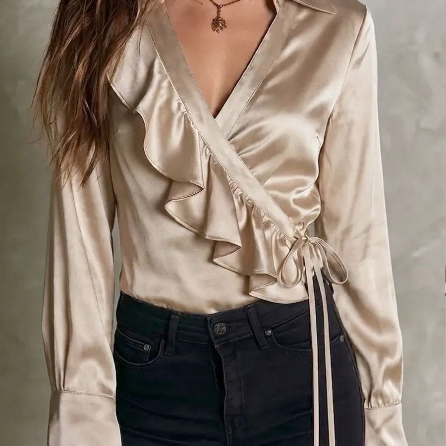 Retro Quiet Luxury Satin Ruffle Detail Wrap Blouse