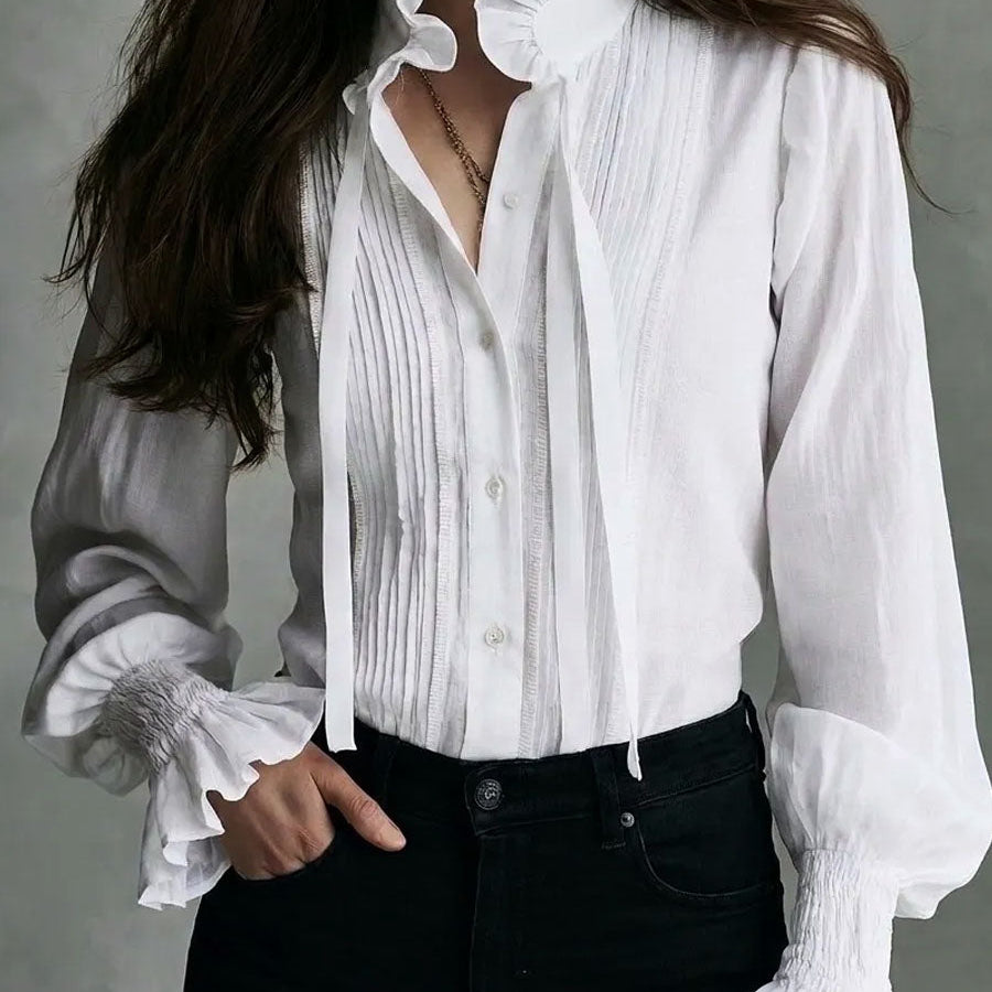 Boho Victorian Ruffle Tie Neck Pleated Lantern Sleeve Blouse