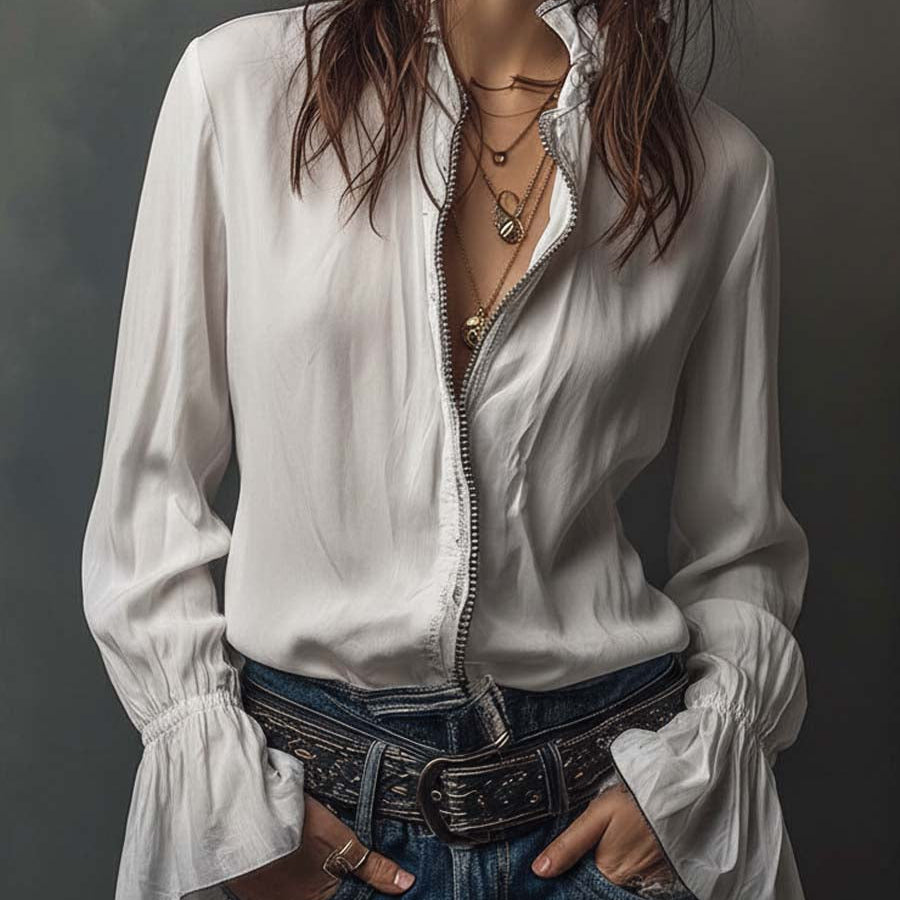 White Zip-Front Blouse With Flounce Cuffs