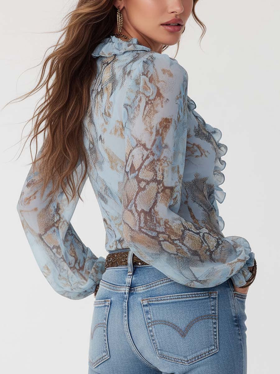 Ruffled Zip-Front Chiffon Blouse in Serene Blue Print