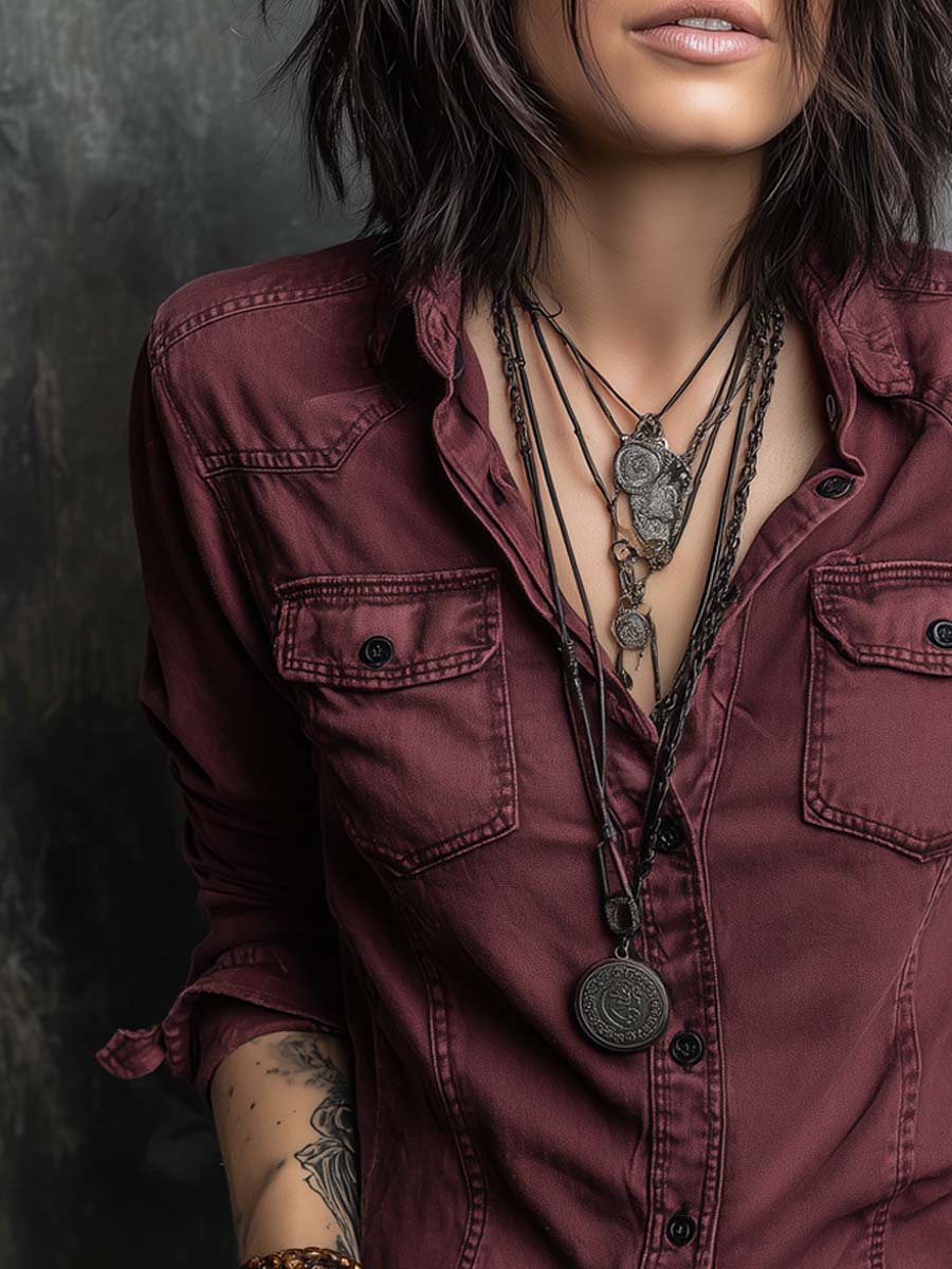 Retro Flap Chest Pocket Long-Sleeve Denim Blouse