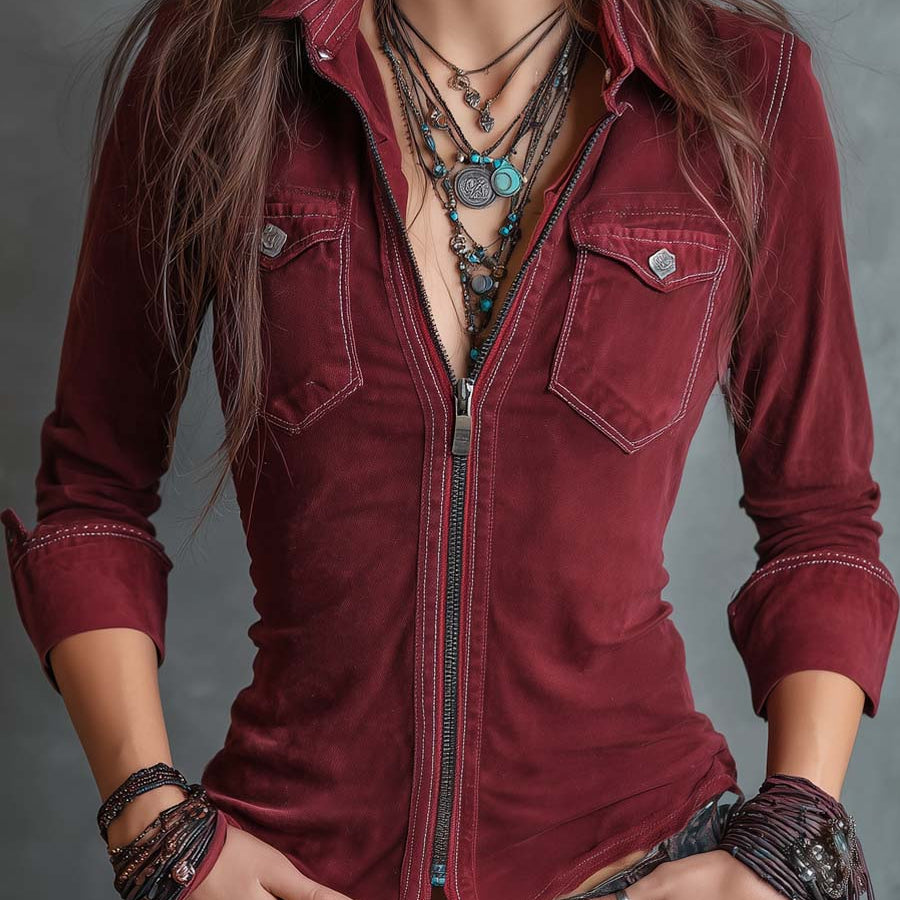 Vintage Zip-up Collar Flap Pocket Distressed Denim Shirt