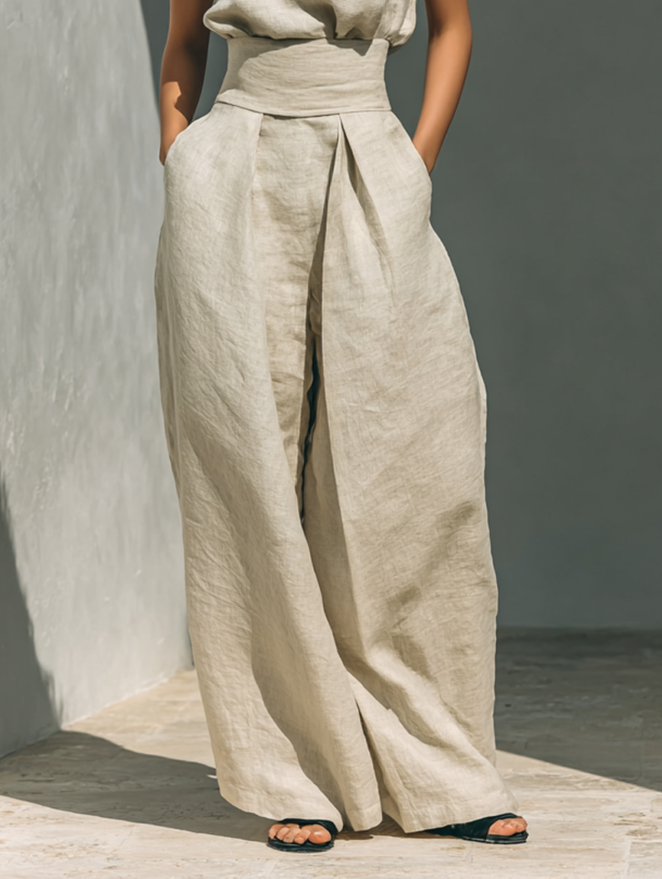 Maria | Linen Set with High-Neck Top and Wide-Leg Trousers