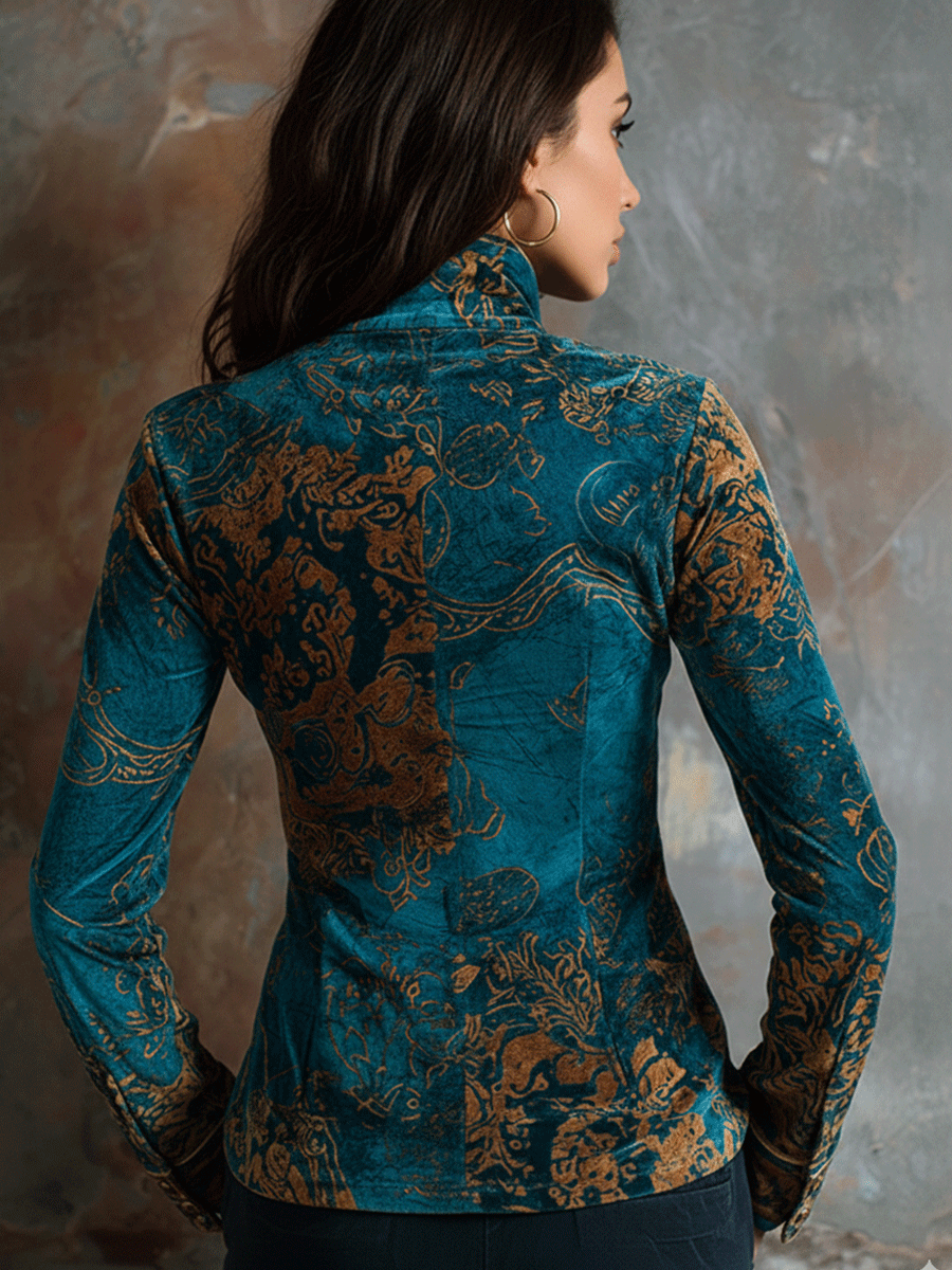 Boho-Chic Vintage Peacock Blue Velvet Golden Print Fitted Blouse