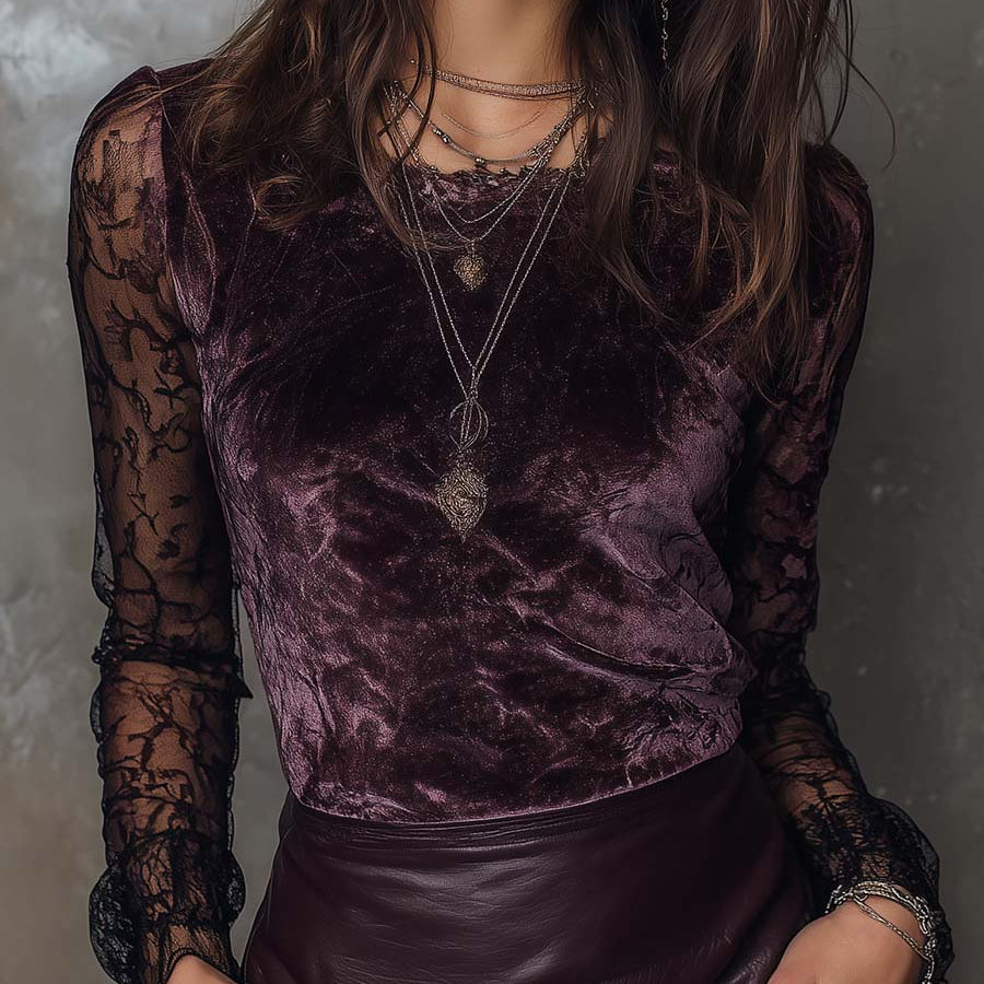 Velvet And Lace Gothic Sheer-Sleeve Top