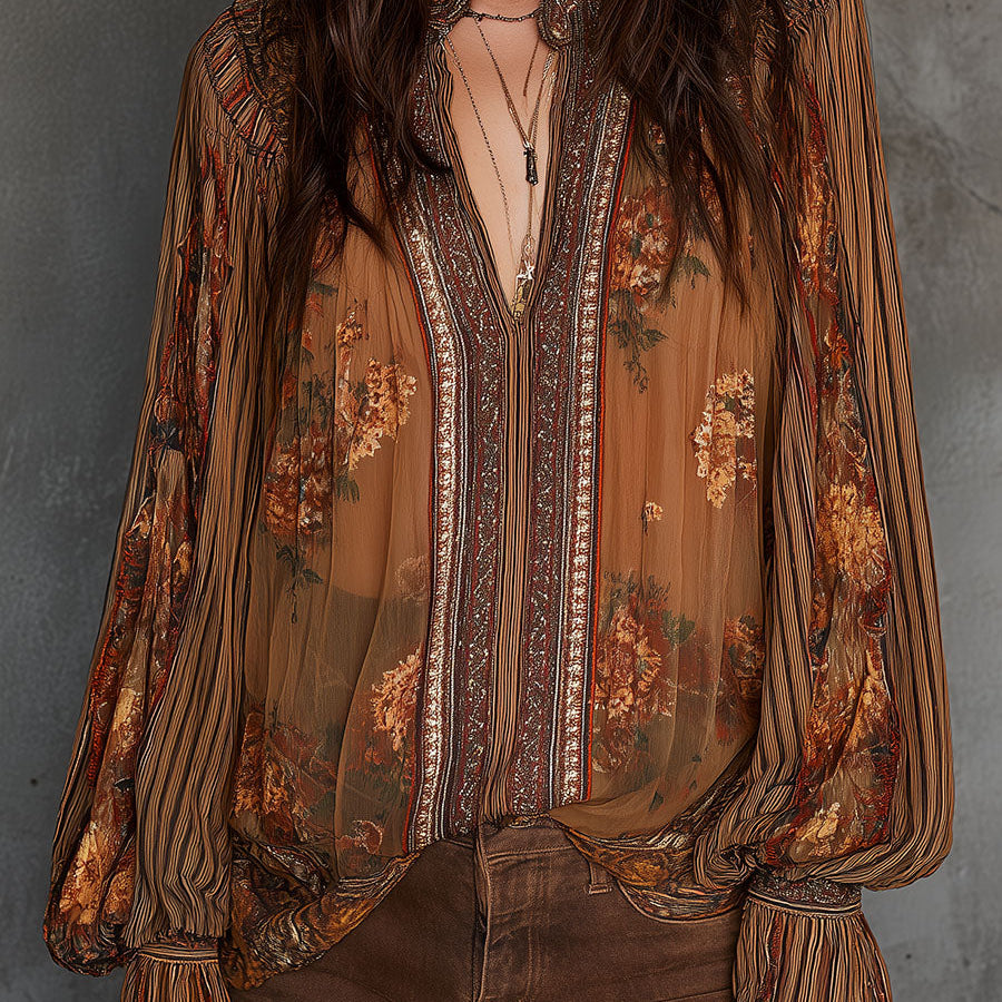 Vintage Boho Sheer Floral Blouse With Billowy Sleeves