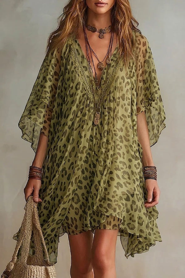 Bianca • Leopard print chiffon dress with a loose, flowing silhouette, V-neck