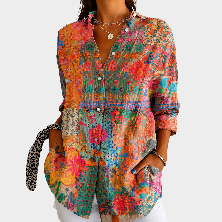 Sunlit Wildflower Patchwork Button-Front Blouse