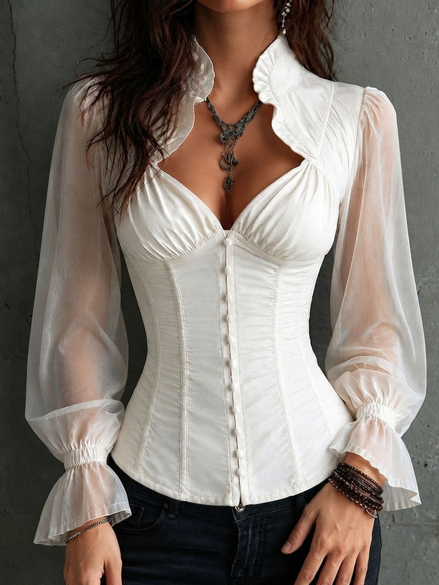 Retro Romantic White Sheer-Sleeve Corset Blouse with Ruffled Collar