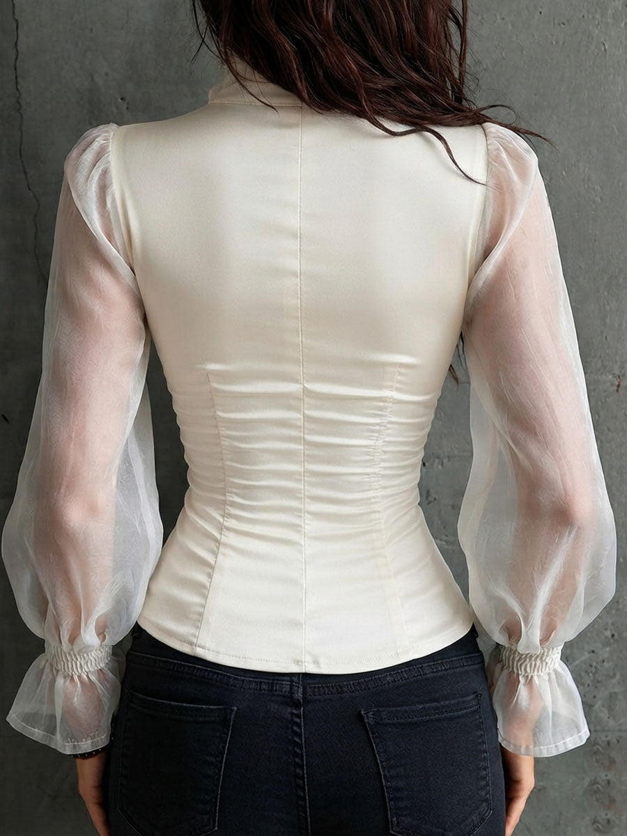 Retro Romantic White Sheer-Sleeve Corset Blouse with Ruffled Collar