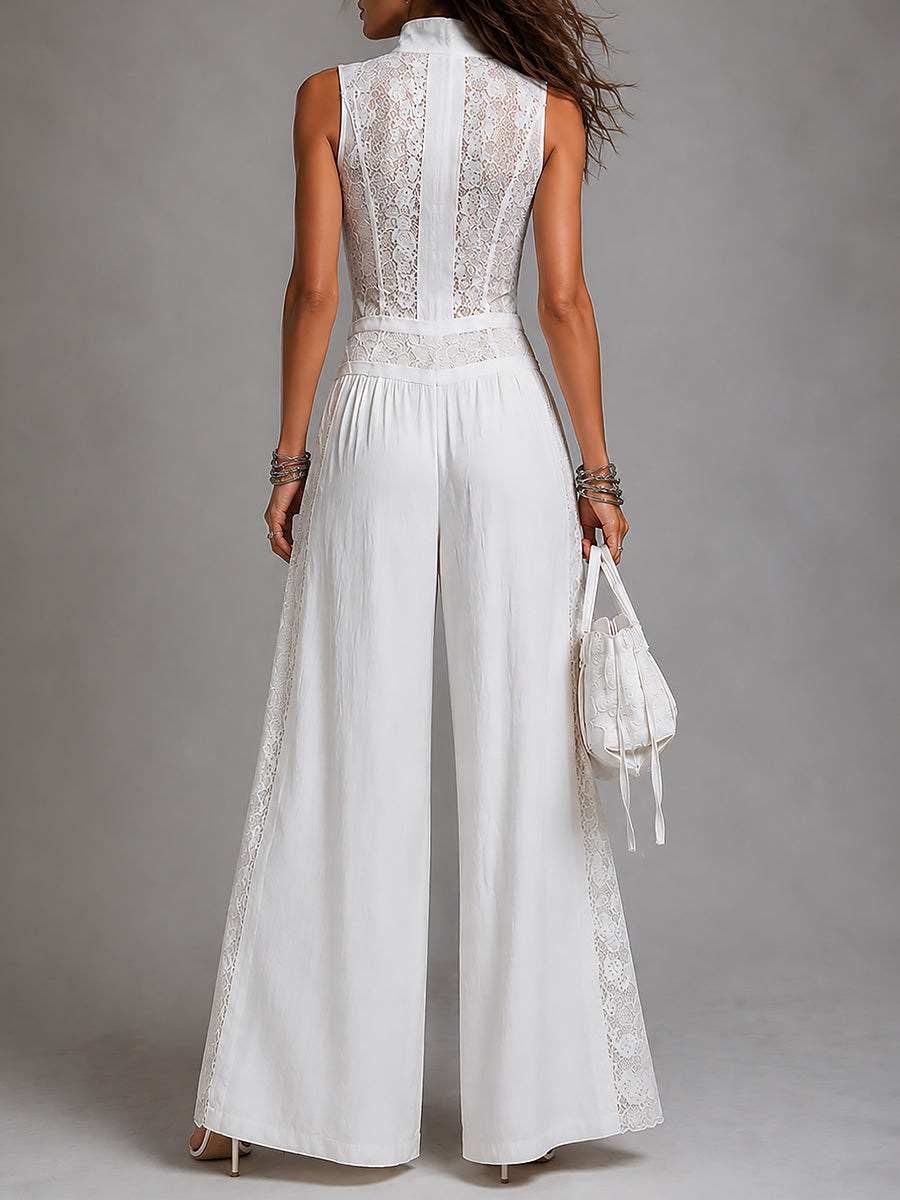 Wren | Ivory Lace-Trim Wide-Leg Jumpsuit